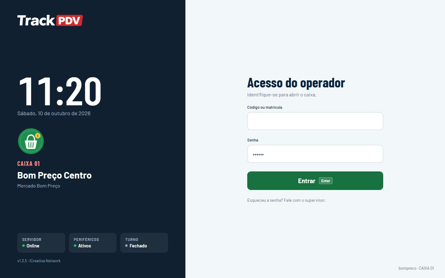 A tela de entrada do programa do caixa