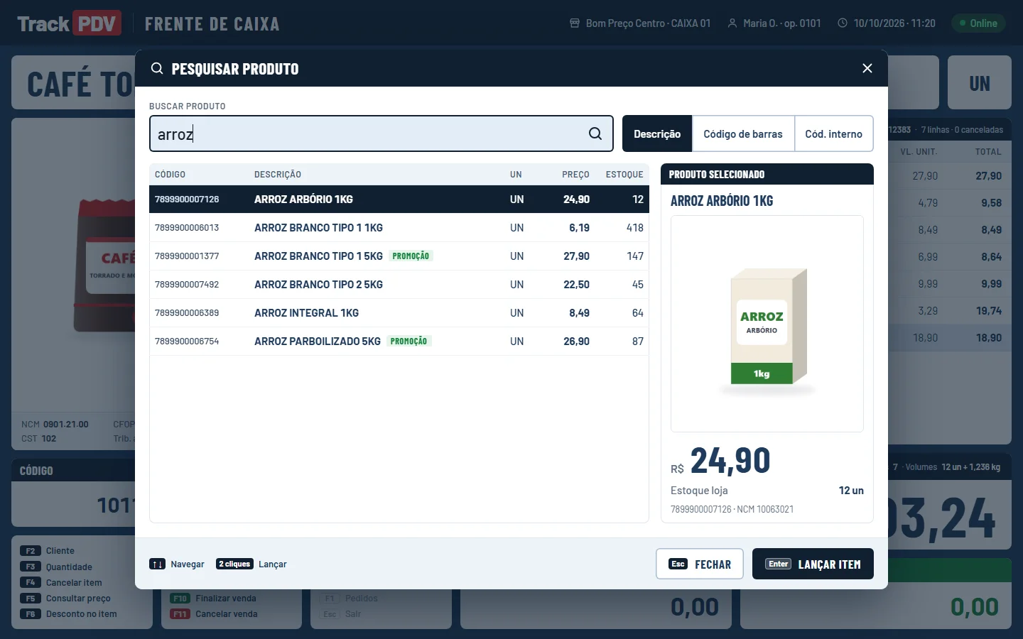 A pesquisa de produto (F8) no caixa, com a foto e o preço