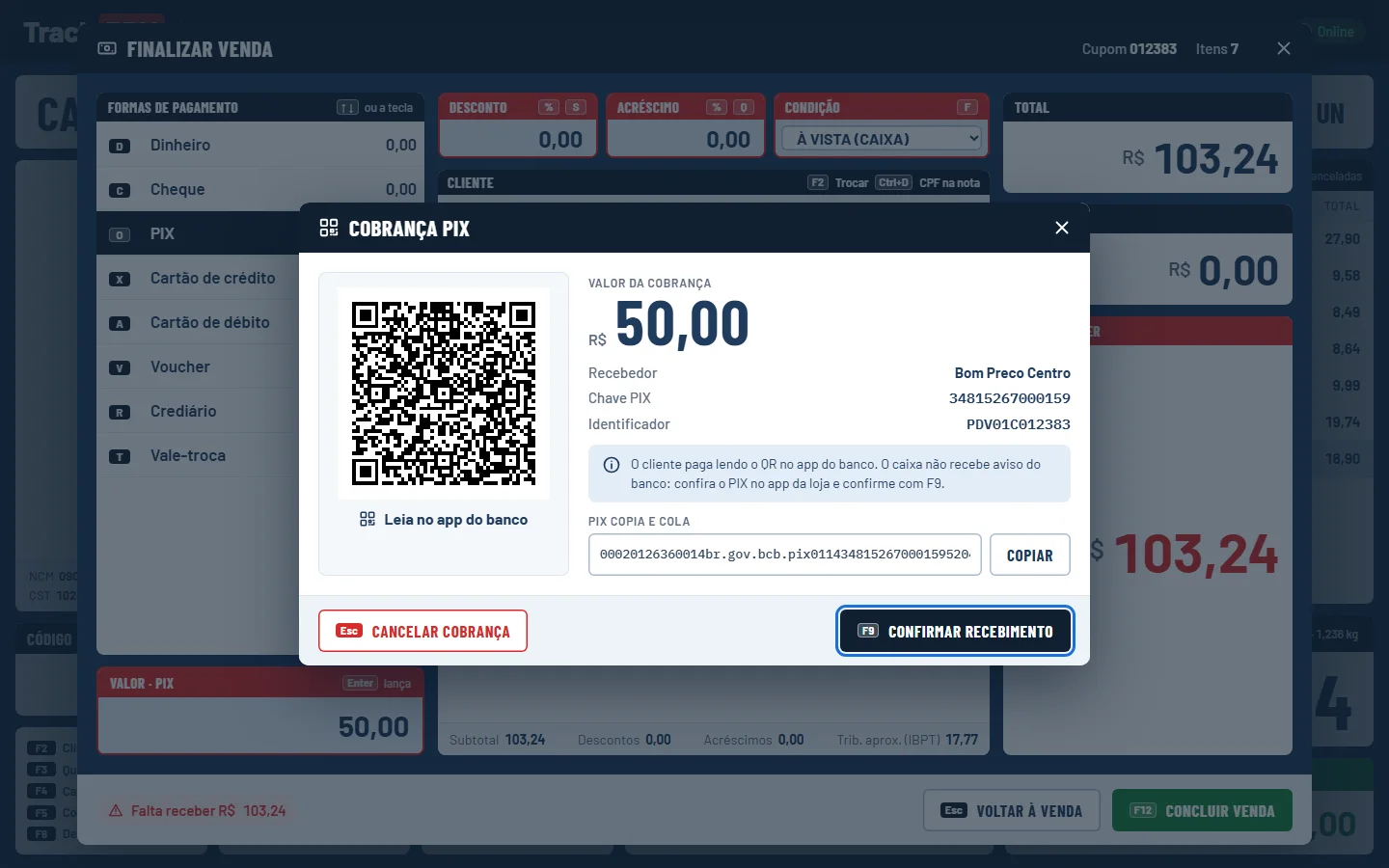 A cobrança PIX com o QR Code da loja, por cima da janela de pagamento