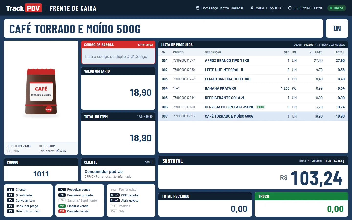 A tela de venda do programa do caixa: o último item com a foto, a lista e o subtotal