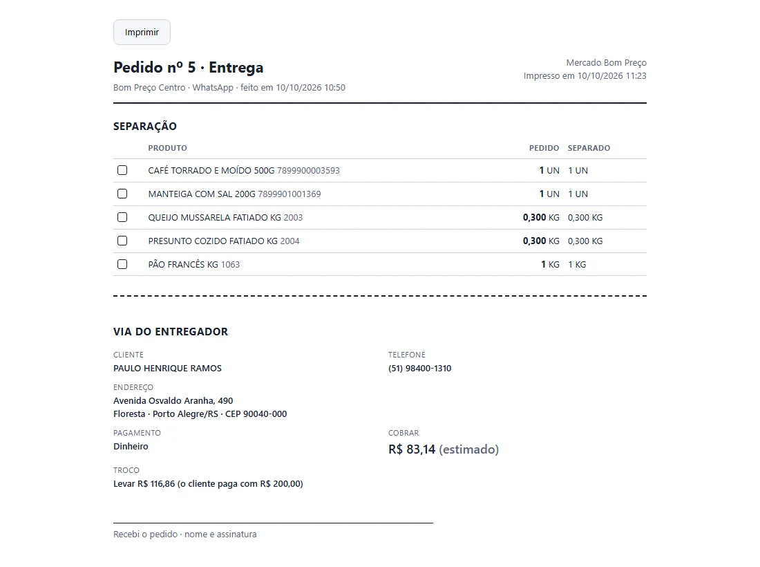 A lista de separação e a via do entregador de um pedido