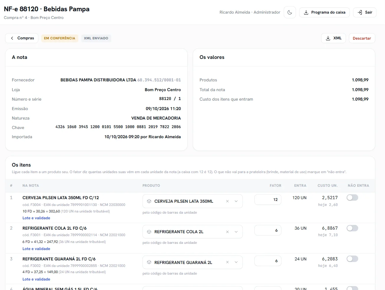 A conferência de uma compra pela NF-e do fornecedor, com o fator de cada item