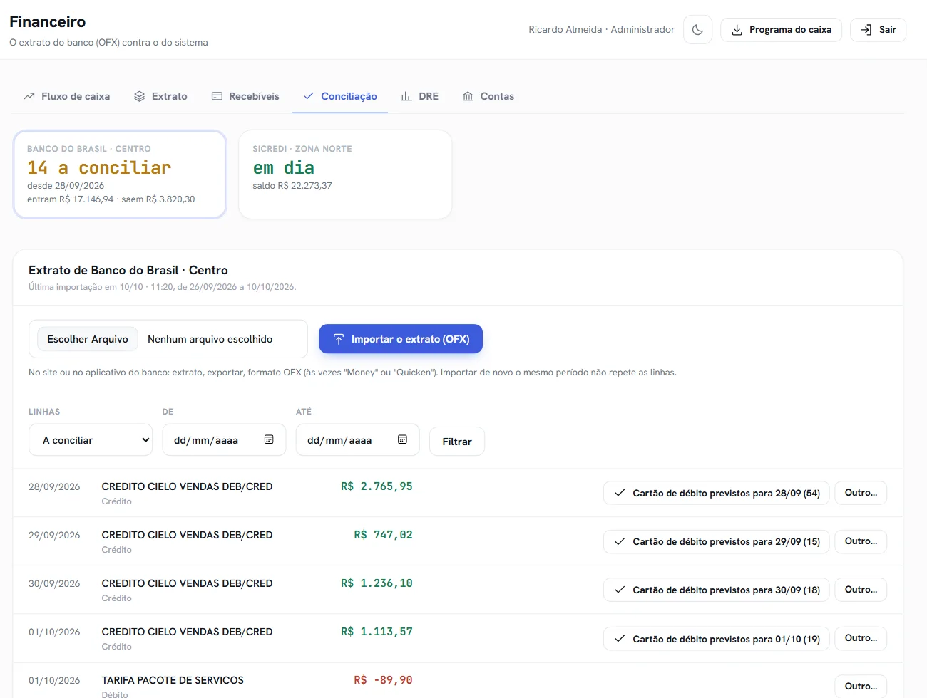 A conciliação do extrato do banco, com a sugestão de cada linha