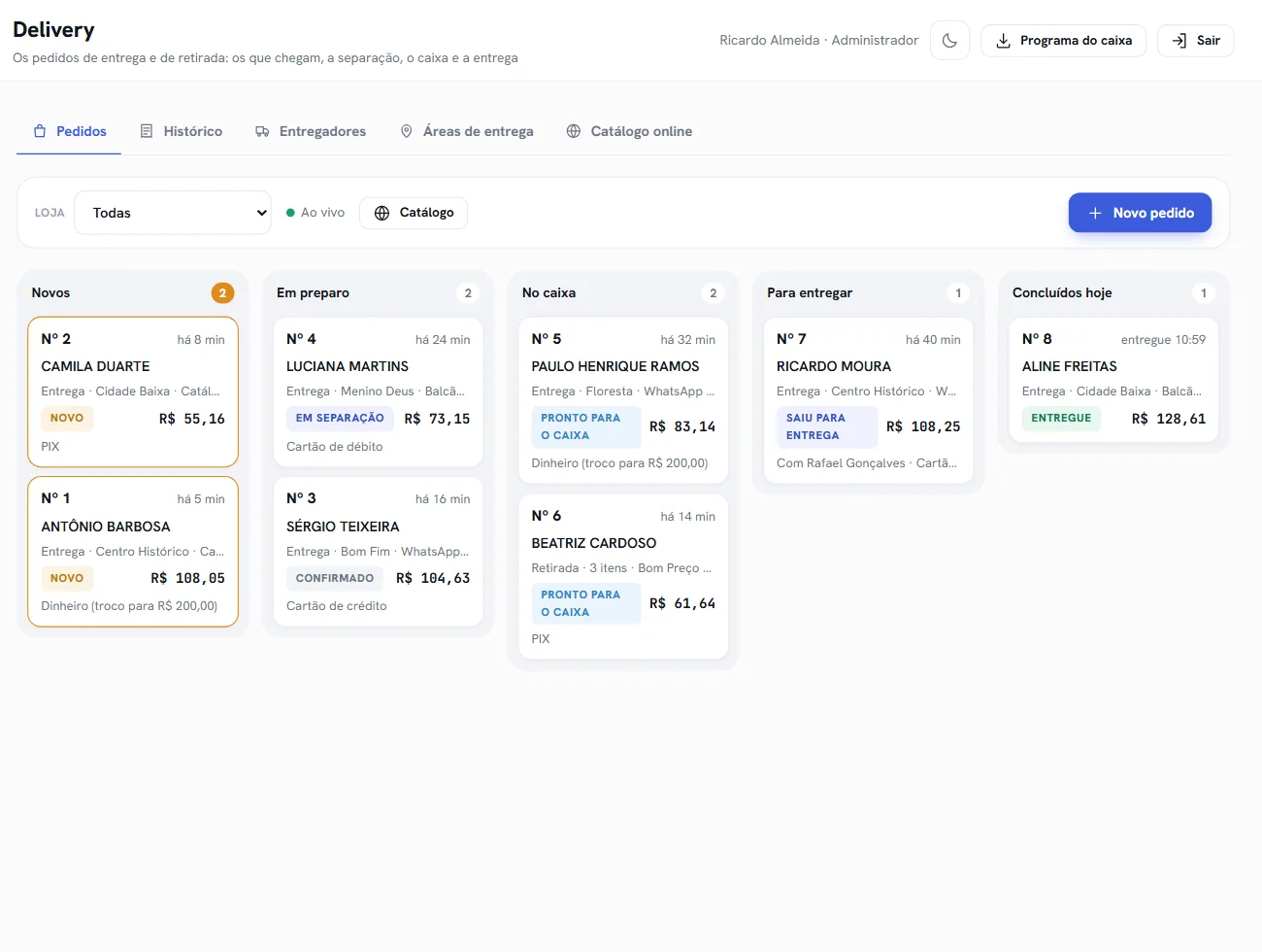 O quadro dos pedidos de delivery, do novo ao entregue