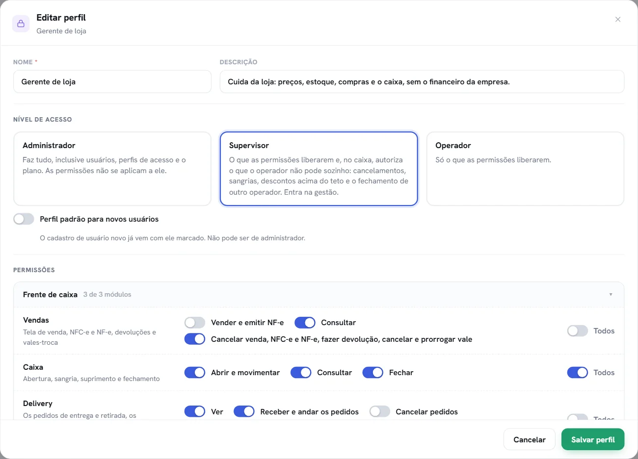 O editor de um perfil de acesso, com o nível e as permissões